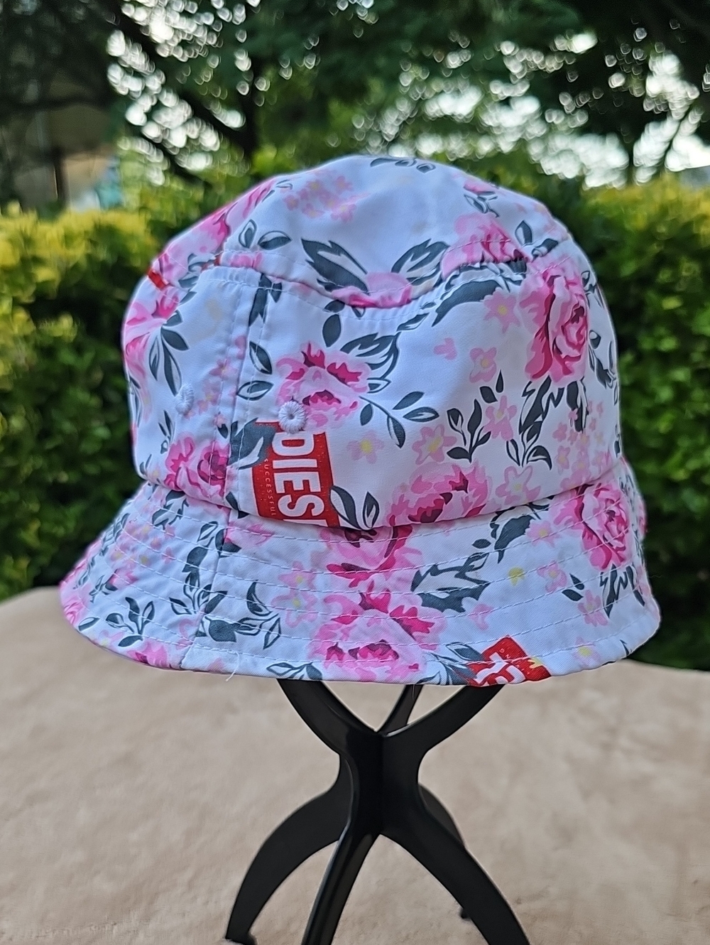 Kids Diesel White Bucket Hat with Pink Floral Print